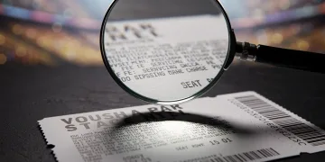 Magnifying glass examining hidden fees on a concert ticket, symbolizing the FTC's new transparency rules.
