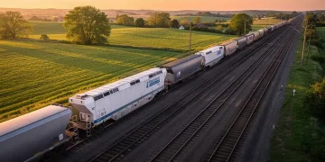 Department of Transportation logo over a freight train on tracks, symbolizing rail safety review