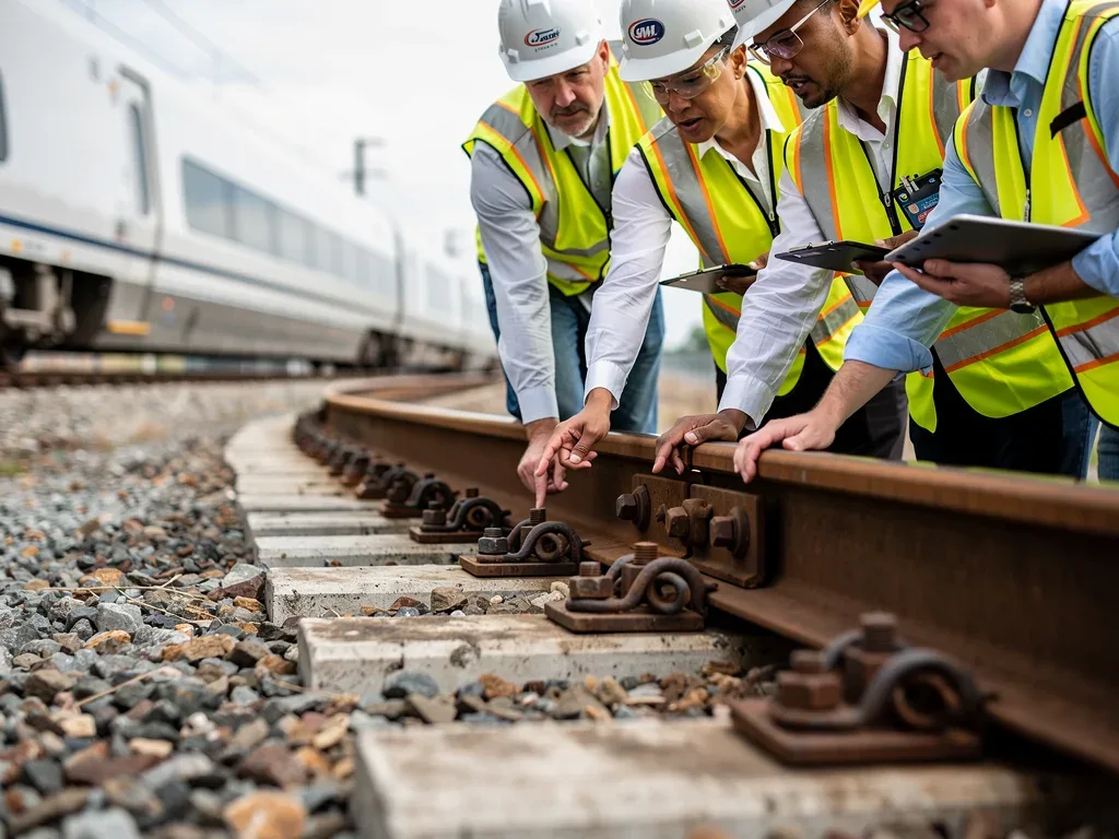 Engineers and DOT officials inspecting railway tracks for safety compliance