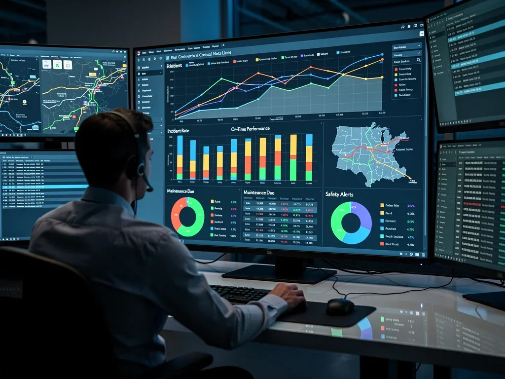 Digital dashboard showing rail safety data and operational metrics