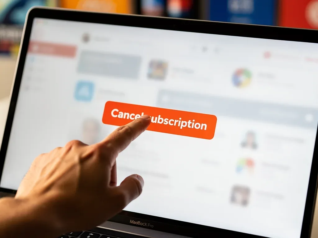 Hand clicking 1-click cancel subscription button on a tablet screen