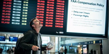 Passenger looking at delayed flight information, highlighting new FAA compensation rules
