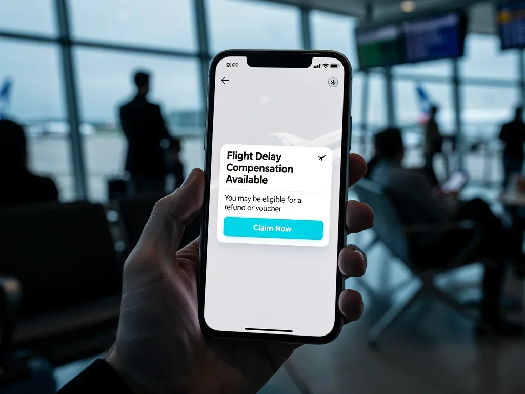 Smartphone showing flight delay compensation notification in airport lounge