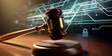 Gavel on desk with digital data streams, symbolizing new data protection law
