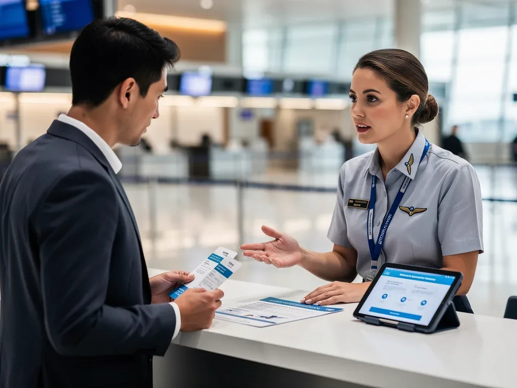 Airline representative assisting passenger with compensation details at service desk