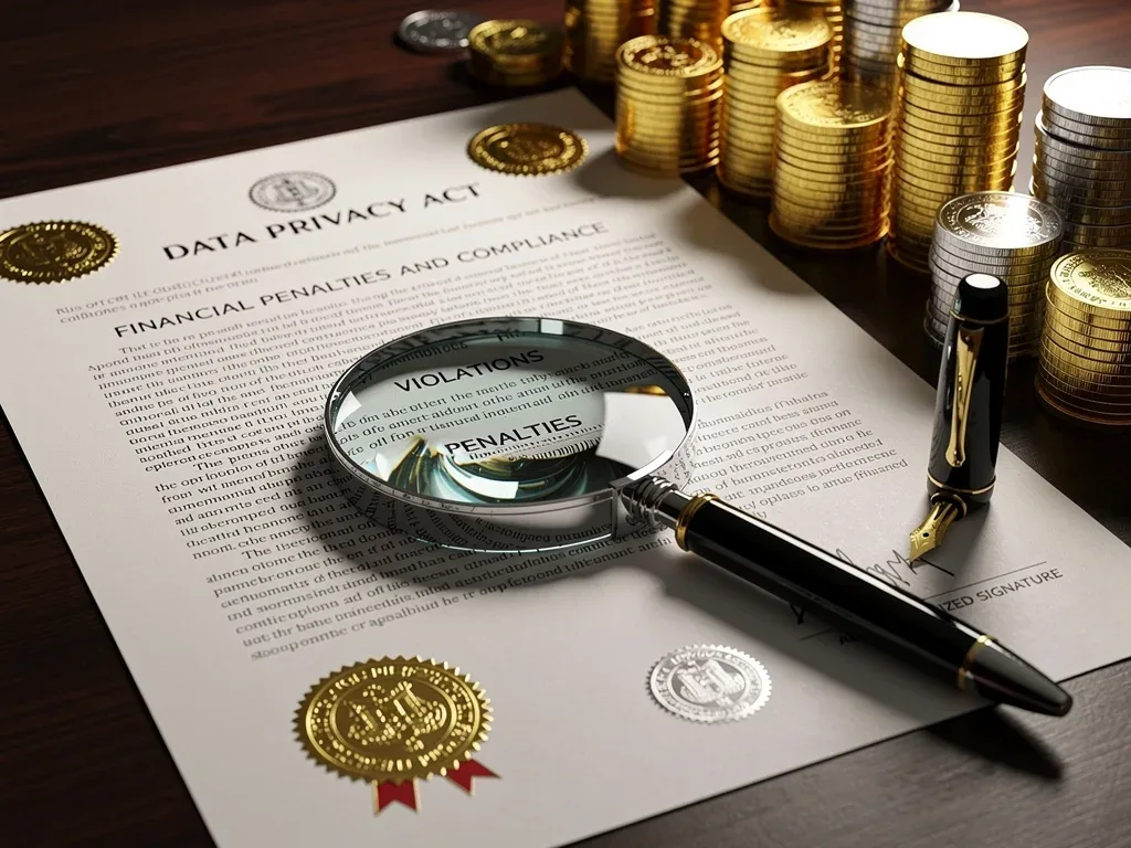 Legal document with pen, magnifying glass, and coins, symbolizing data violation penalties