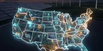 Digital rendering of a smart grid across the US, symbolizing energy modernization.