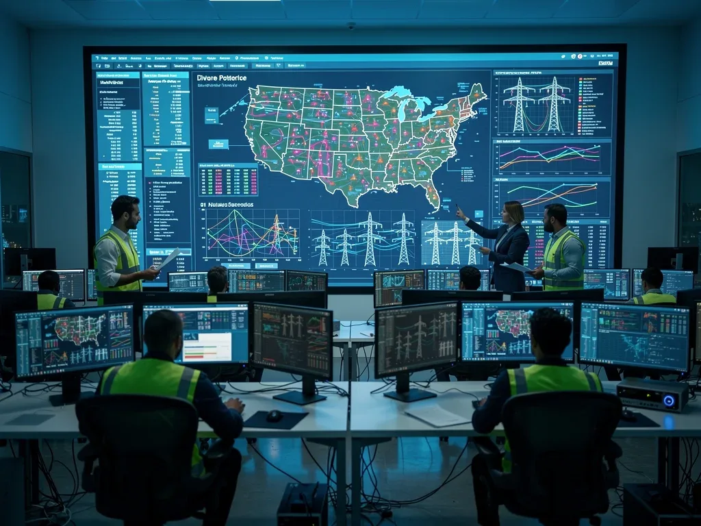 Engineers monitoring advanced smart grid control systems.
