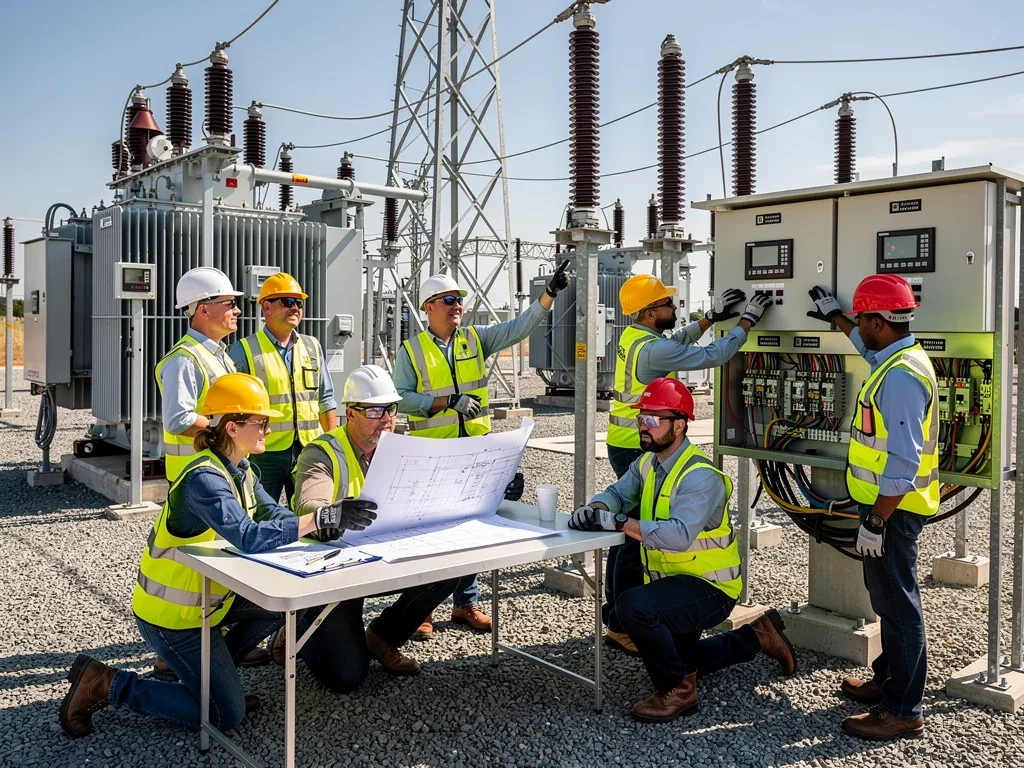 Utility workers constructing a new, resilient electrical substation.