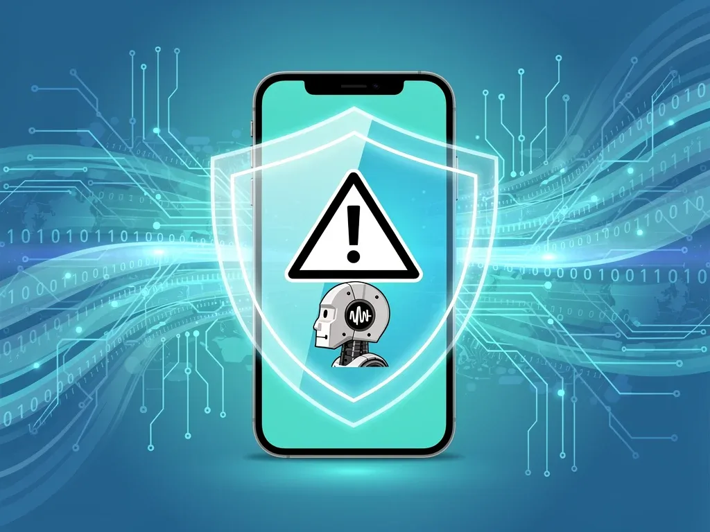Digital illustration of AI scam calls being blocked by a protective shield on a phone screen.