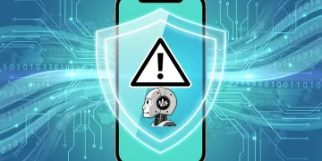 Digital illustration of AI scam calls being blocked by a protective shield on a phone screen.