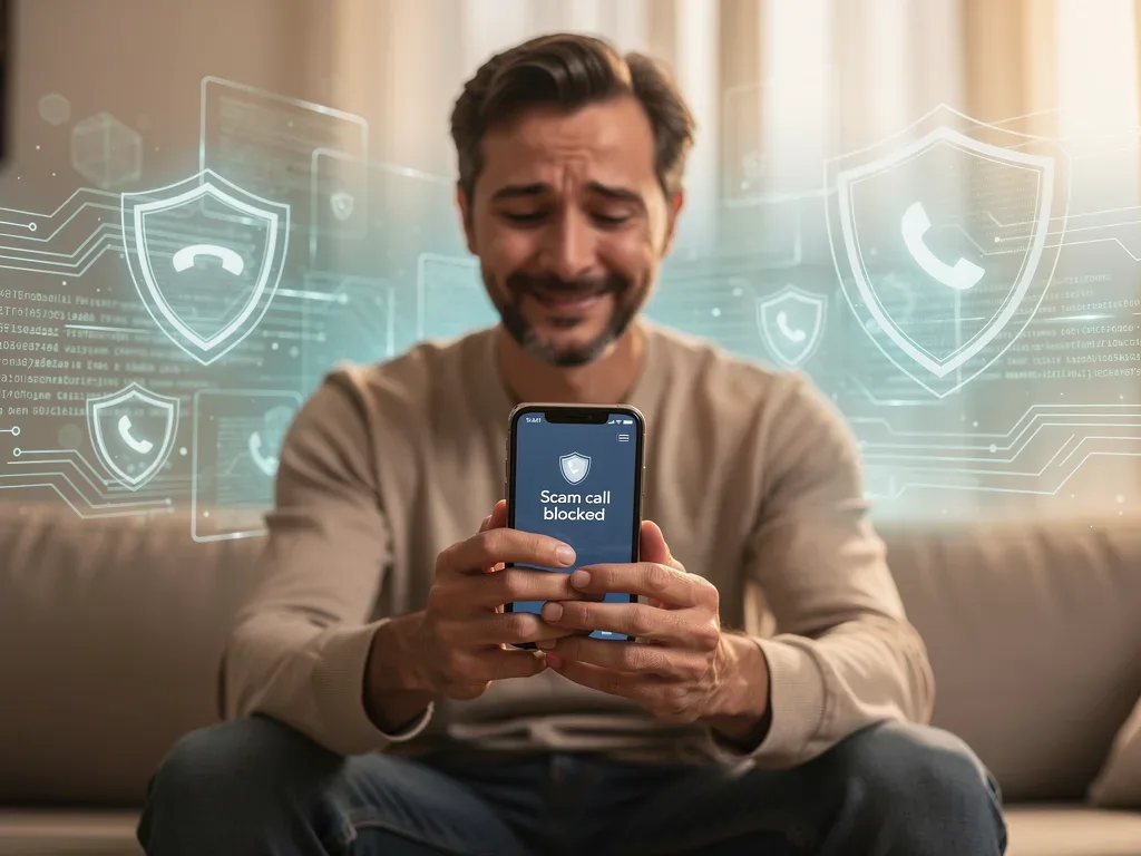 Person relieved after AI-powered system blocks a scam call on their smartphone.