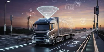 Autonomous semi-truck on a dedicated Level 4 trucking corridor at sunset, illustrating advanced logistics.