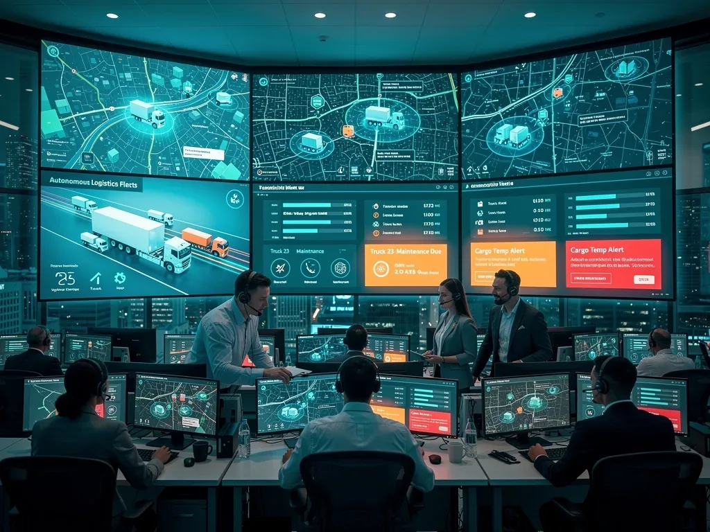 Logistics control center monitoring real-time autonomous fleet operations.