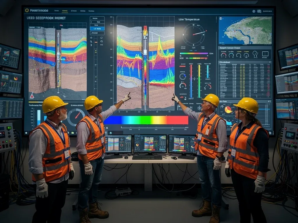 Control room monitoring deep geothermal drilling operations.