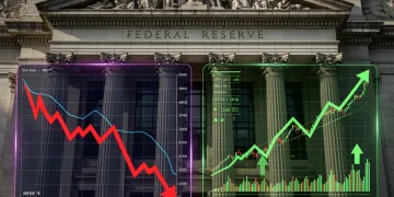 Federal Reserve building with superimposed market trend graphs