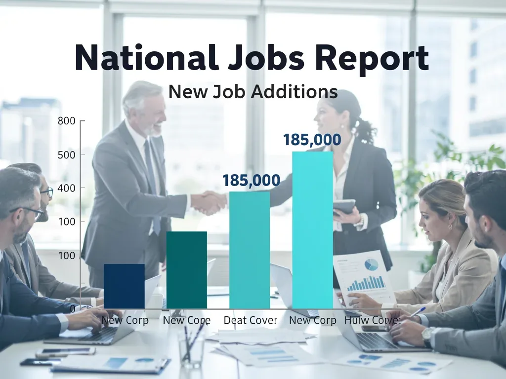 National jobs report showing 185,000 positions added across various sectors.