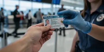 Traveler showing Real ID at airport security checkpoint