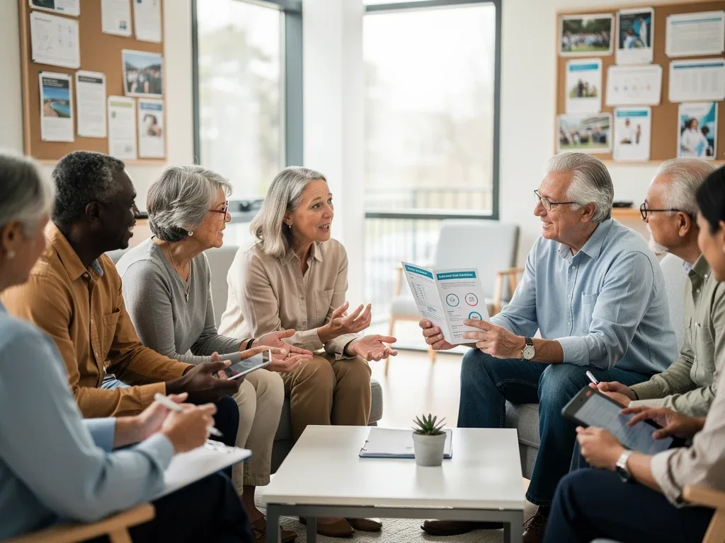 Seniors discussing healthcare policies and prescription drug benefits in a community setting