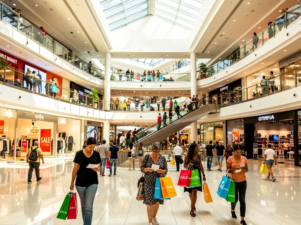 Shoppers in a bustling mall, showcasing active US consumer spending and retail resilience