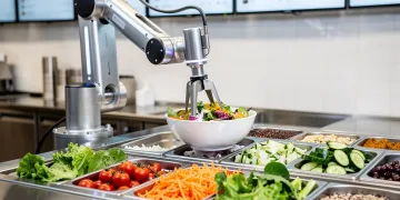 Robotic arm preparing food in a fast-casual kitchen