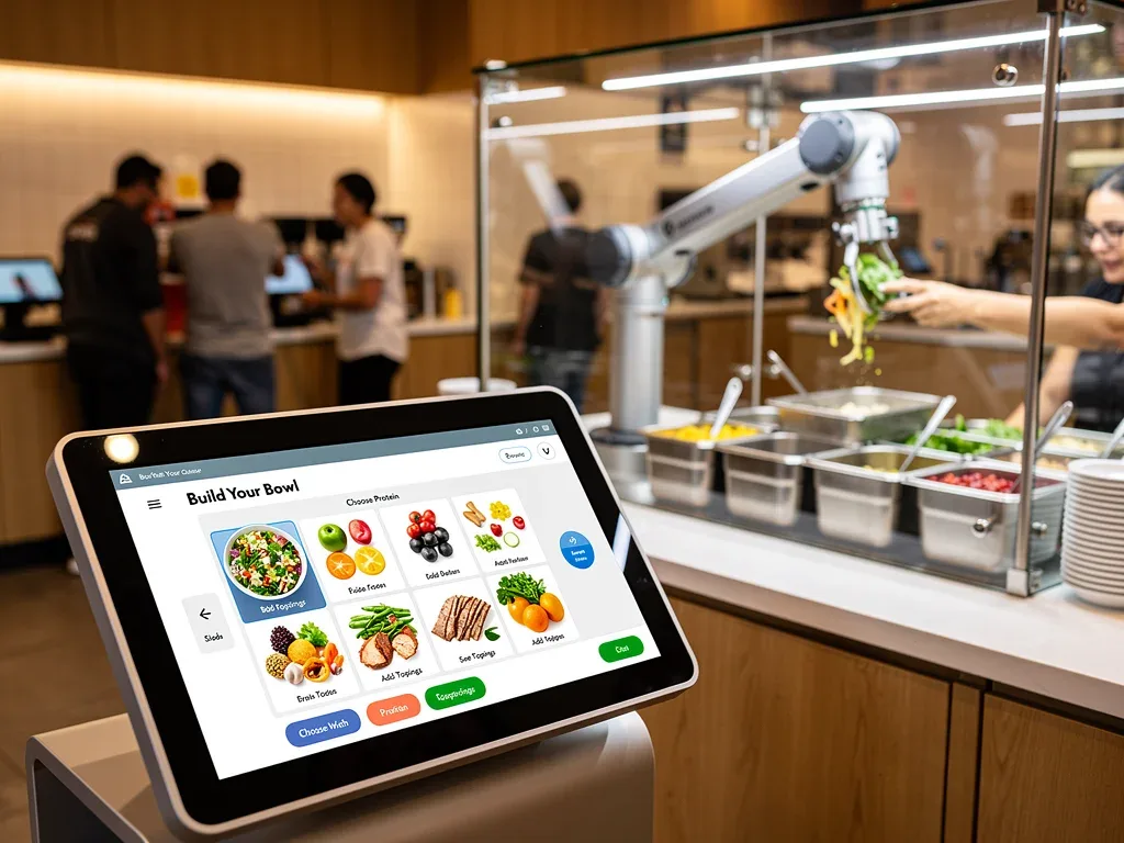 Customer interacting with robotic food preparation system