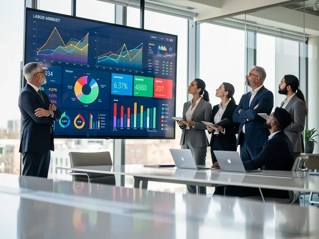 Professionals analyzing economic data on a screen, reflecting labor market trends
