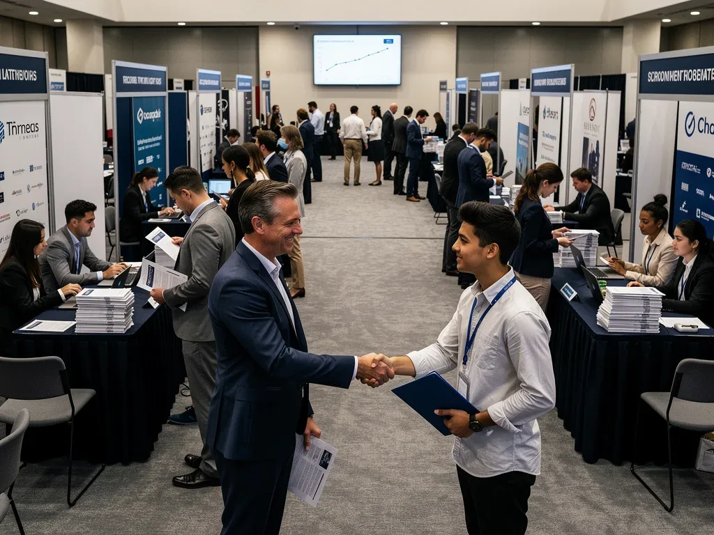 Job seekers and recruiters at a busy job fair, depicting a dynamic labor market