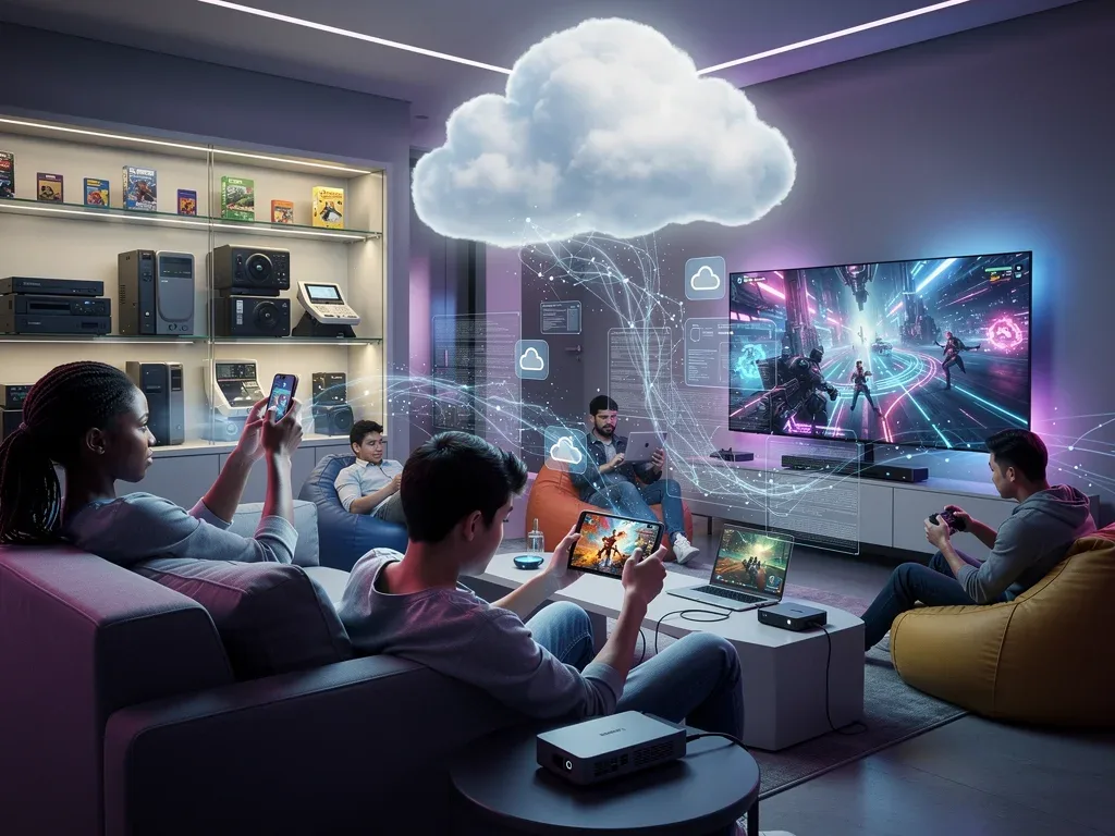 Futuristic cloud gaming setup with diverse US gamers, smart devices, and network streams