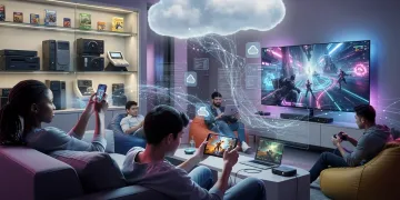 Futuristic cloud gaming setup with diverse US gamers, smart devices, and network streams