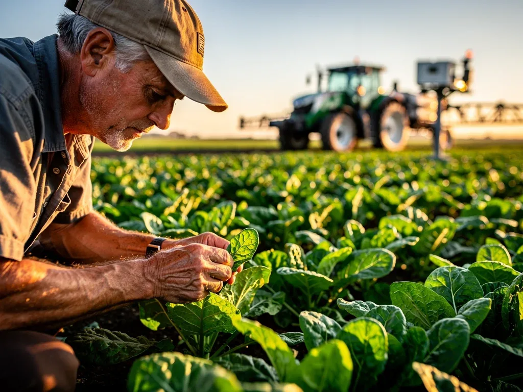 Farmer inspecting crops, representing investment in domestic food production.