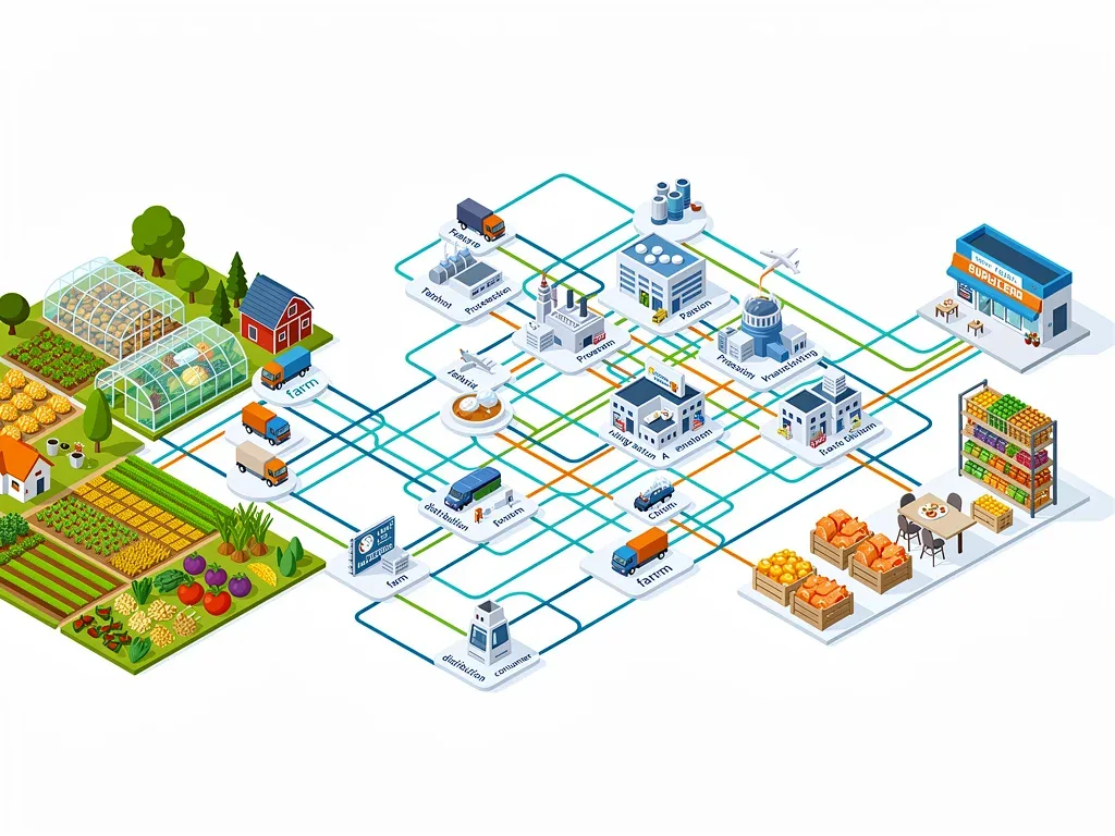 Diagram illustrating a resilient and interconnected food supply chain.