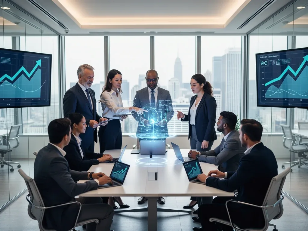 Professionals collaborating in a modern office, representing innovation and productivity in the US economy.