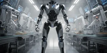 Advanced bipedal humanoid robot ready for industrial deployment in a modern factory