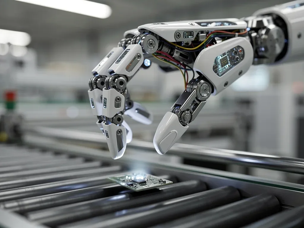 Humanoid robot hand performing precise assembly task in an industrial setting