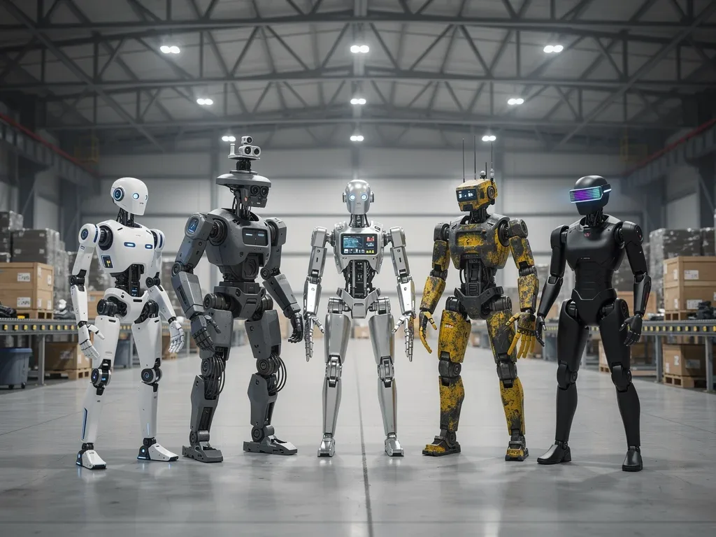 Five distinct bipedal humanoid robots lined up in an industrial warehouse
