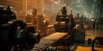 Industrial machinery operating with a backdrop of rising energy cost graphs