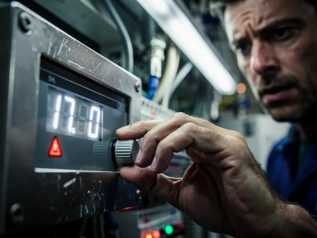 Hand adjusting industrial energy meter due to price hikes