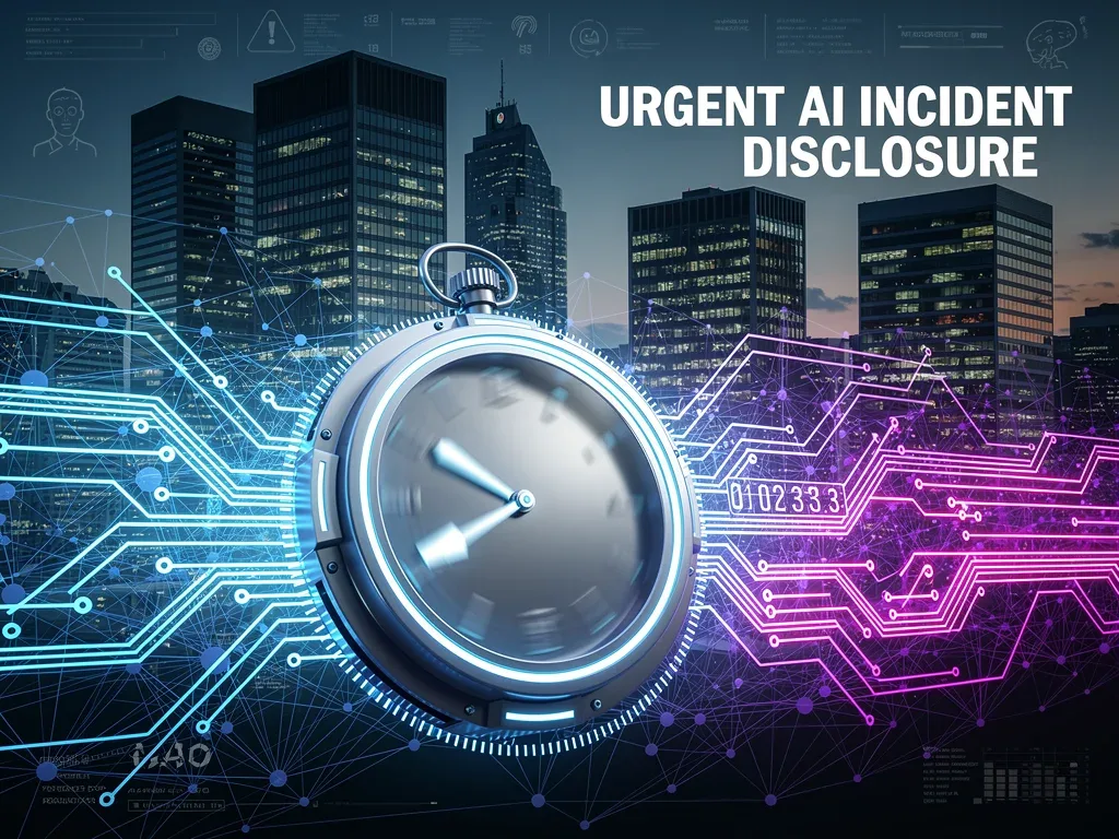 Clock ticking over AI network and corporate buildings, symbolizing SEC 24-hour disclosure