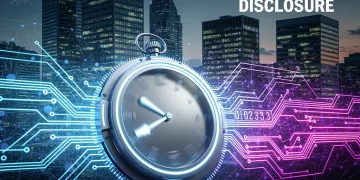 Clock ticking over AI network and corporate buildings, symbolizing SEC 24-hour disclosure