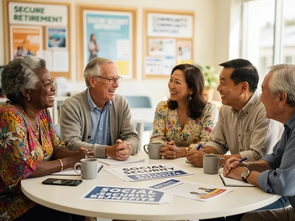 Group of happy seniors discussing financial news and Social Security benefits.