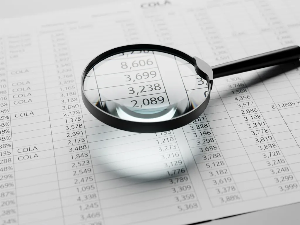 Magnifying glass examining detailed financial records and COLA calculations.