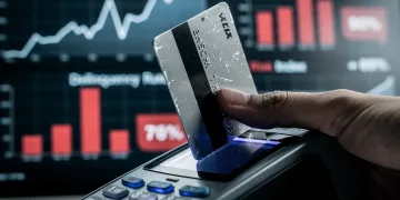 Credit card being swiped, symbolizing rising delinquency rates and consumer debt challenges