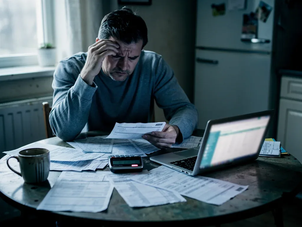Stressed individual reviewing financial statements, reflecting personal financial strain
