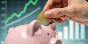 Hand placing coin into piggy bank amidst financial charts, symbolizing savings growth