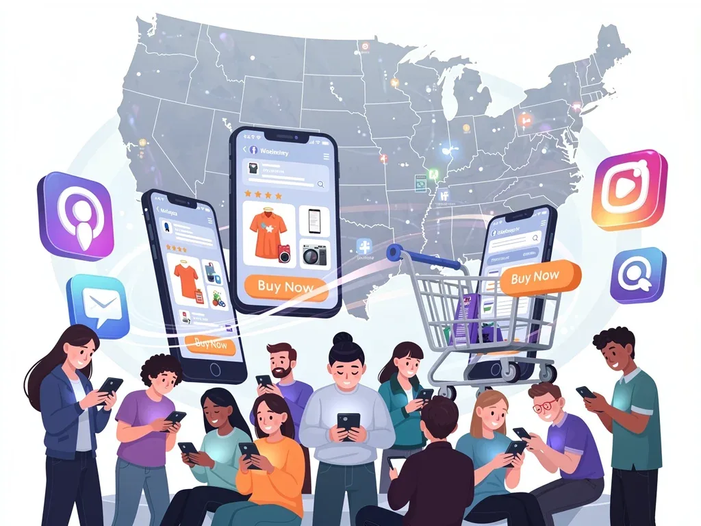 Social commerce shift illustration with shopping carts in social media apps