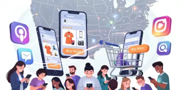 Social commerce shift illustration with shopping carts in social media apps