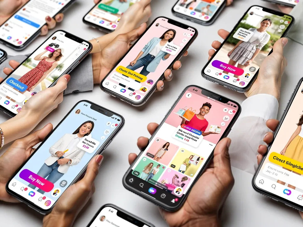 Smartphone screens showing integrated social shopping features