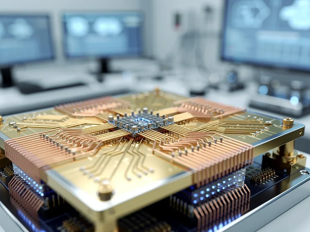 Close-up of a quantum processor chip in a lab