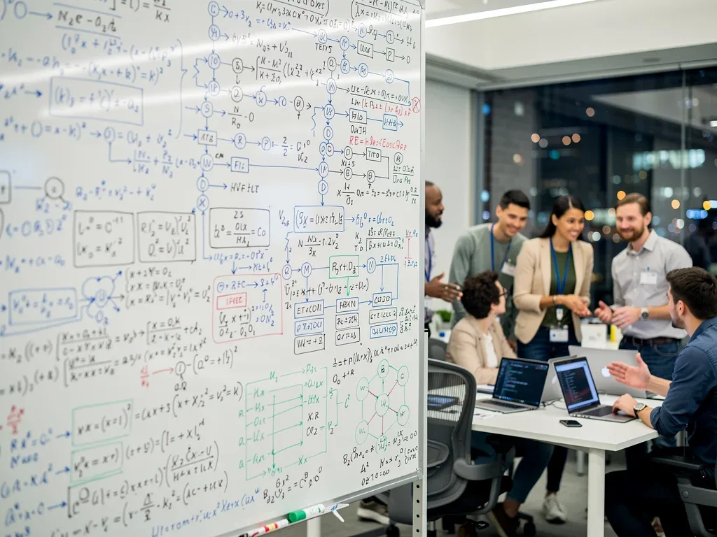 Researchers discussing complex quantum algorithm equations on a whiteboard